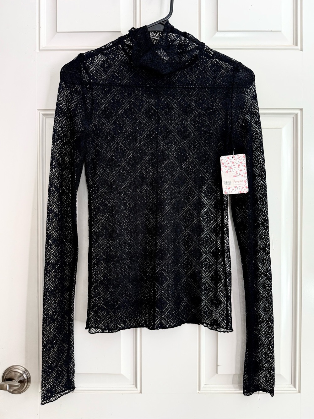 Free People Black Diamond-Pattern Lace Long Sleeve Turtleneck
